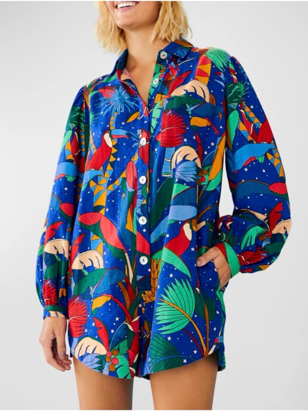 Farm Rio Colorful Forest Button-Front Romper Size Medium - Picture 2 of 7